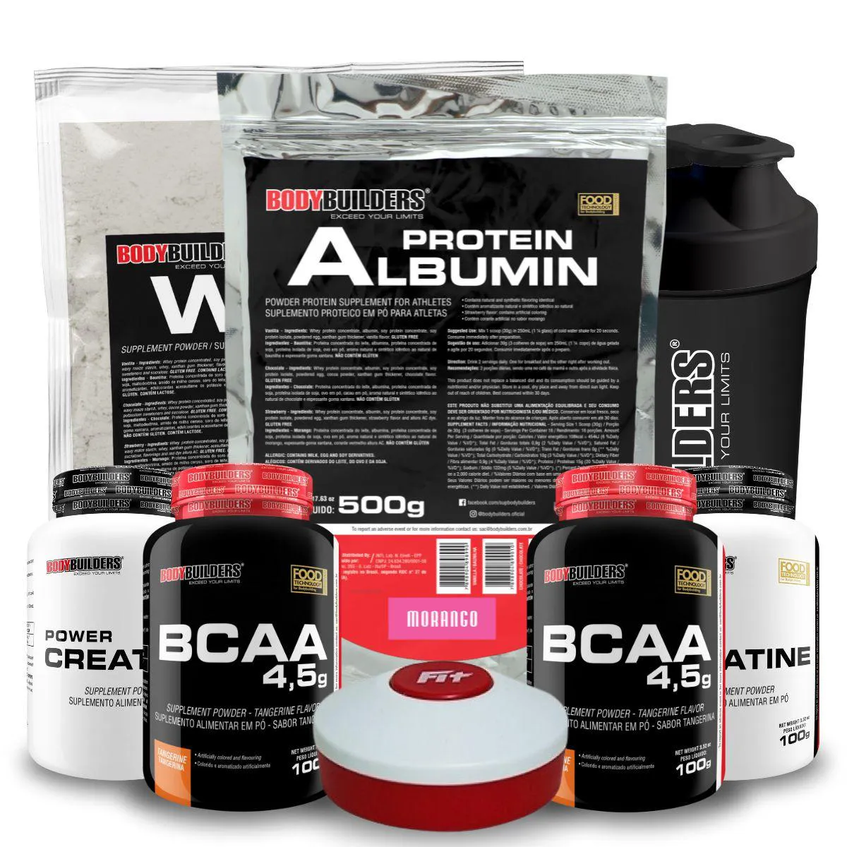 KIT WHEY PROTEIN 500G + ALBUMIN PROTEIN 500G + 2X BCAA 100G + 2X POWER CREATINA 100G + COQ + PORTA CAPS - BODYBUILDERS Morango