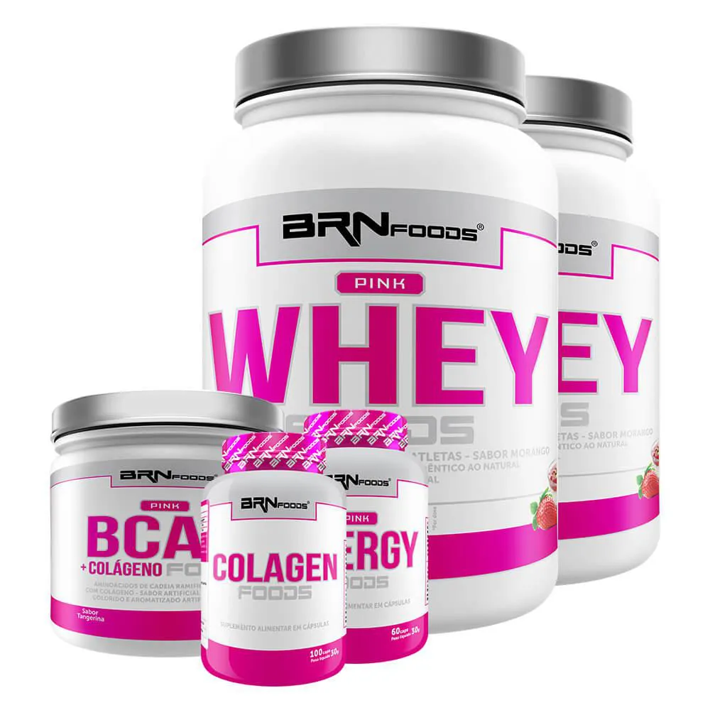 KIT FEMININO: 2X PINK WHEY 900G + PINK BCAA 250G + PINK ENERGY 60CAPS + COLAGEN 100CAPS - BRN FOODS  Morango