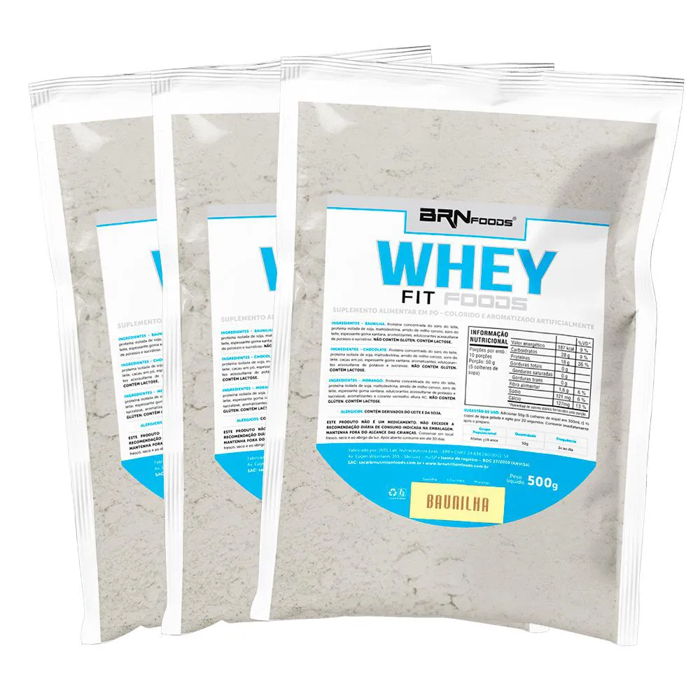 KIT 3X WHEY FIT FOODS 500G - BRN FOODS  Baunilha