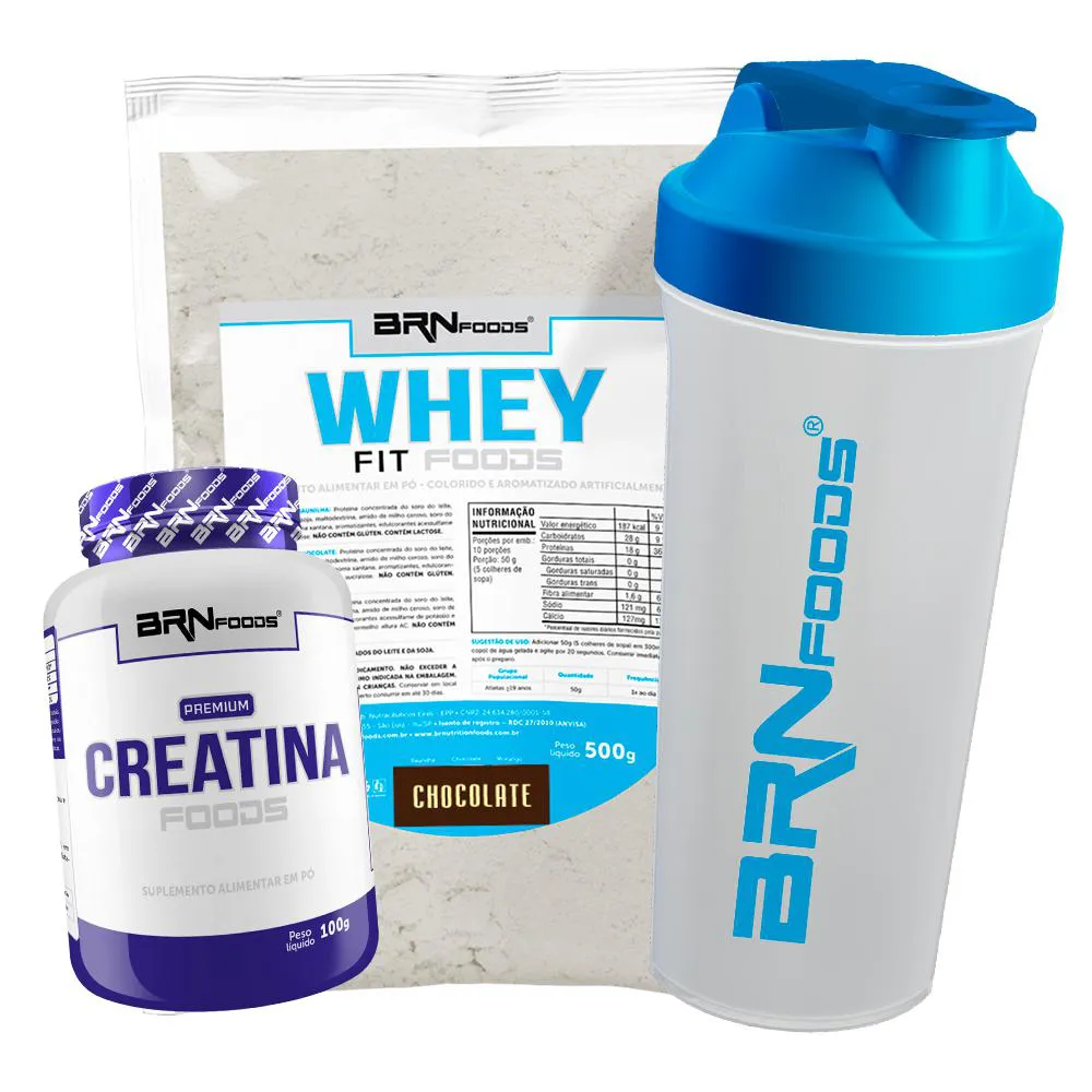 KIT WHEY PROTEIN FIT FOODS 500G + PREMIUM CREATINA 100G + COQUETELEIRA - BRN FOODS  Chocolate
