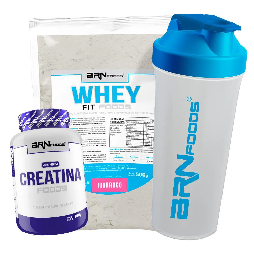 KIT WHEY PROTEIN FIT FOODS 500G + PREMIUM CREATINA 100G + COQUETELEIRA - BRN FOODS  Morango
