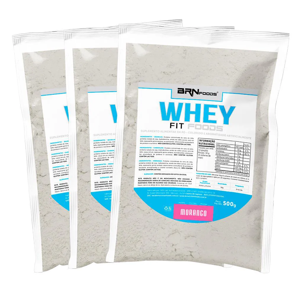 KIT 3X WHEY FIT FOODS 500G - BRN FOODS  Morango