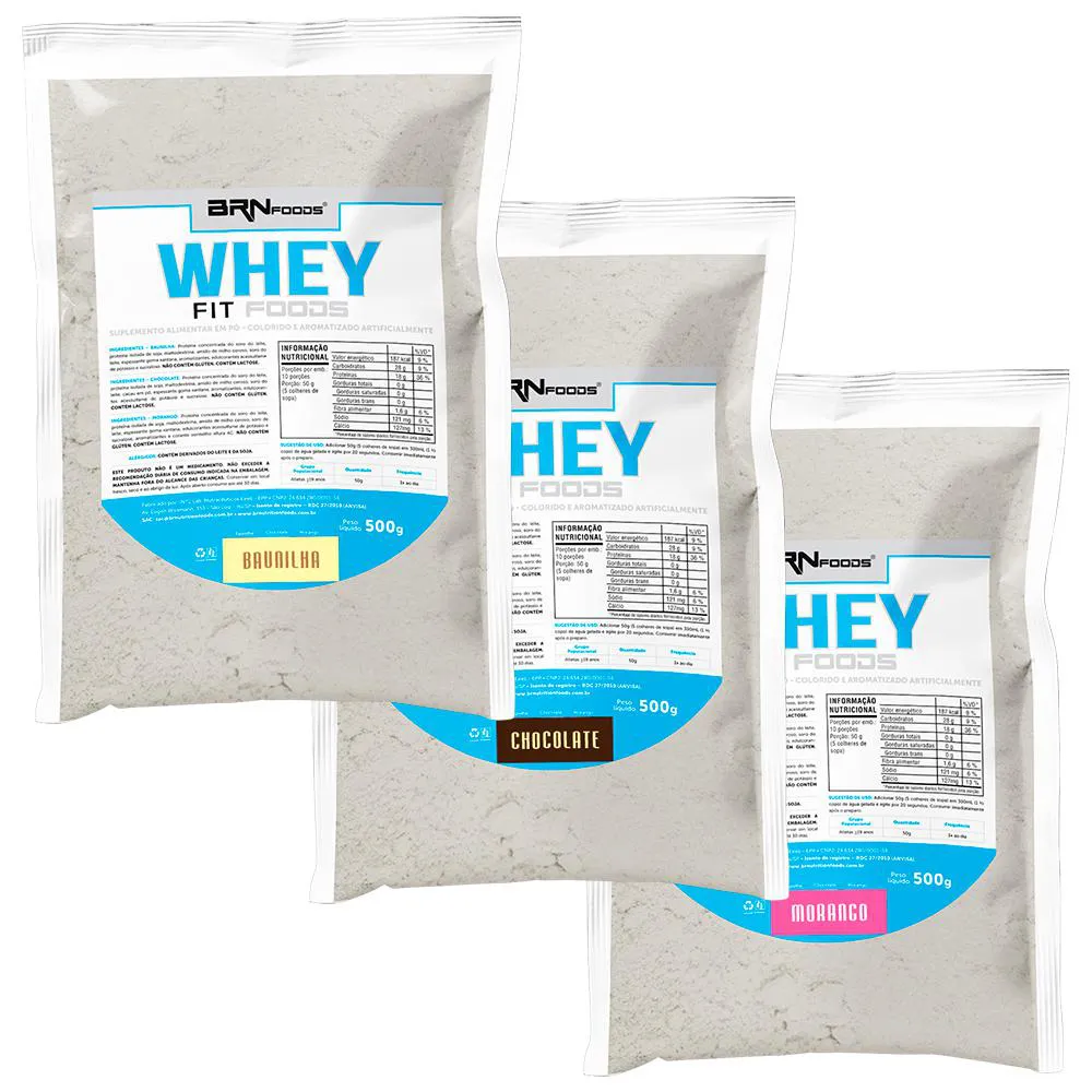 KIT 3X WHEY FIT FOODS 500G - BRN FOODS  Baunilha Chocolate E Morango