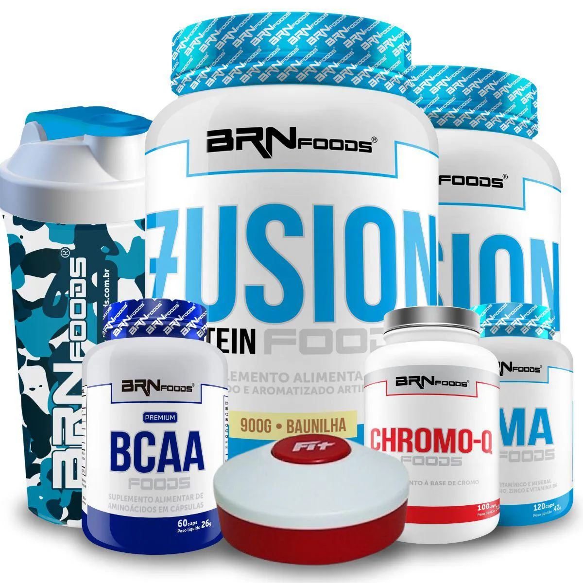 KIT 2X FUSION 900G + BCAA PREMIUM 60 CáPS + ZMA TESTO 120 CáPS + CHROMO Q 100 CáPS + COQ + PORTA CáPS - BRNFOODS Morango