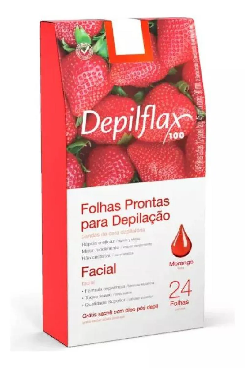 KIT COM 4 CAIXAS DE FOLHAS PRONTAS FACIAIS DEPILFLAX MORANGO C/ 24 UNID.