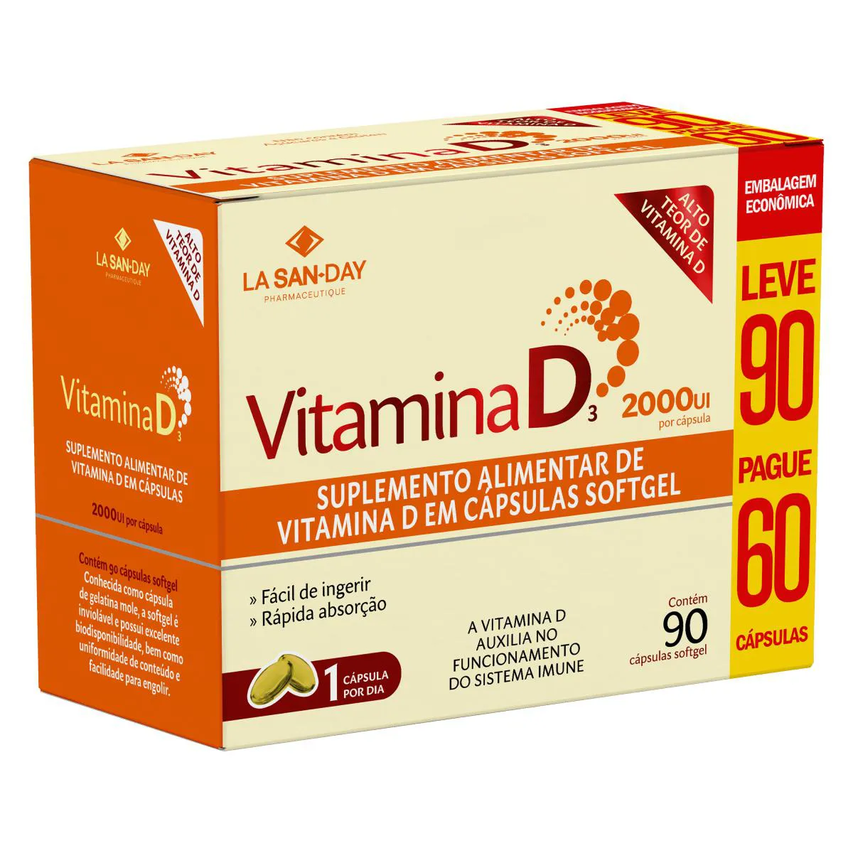 Suplemento Alimentar Vitamina D3 2.000ui - Leve 90 Pague 60 Cápsulas - La San Day
