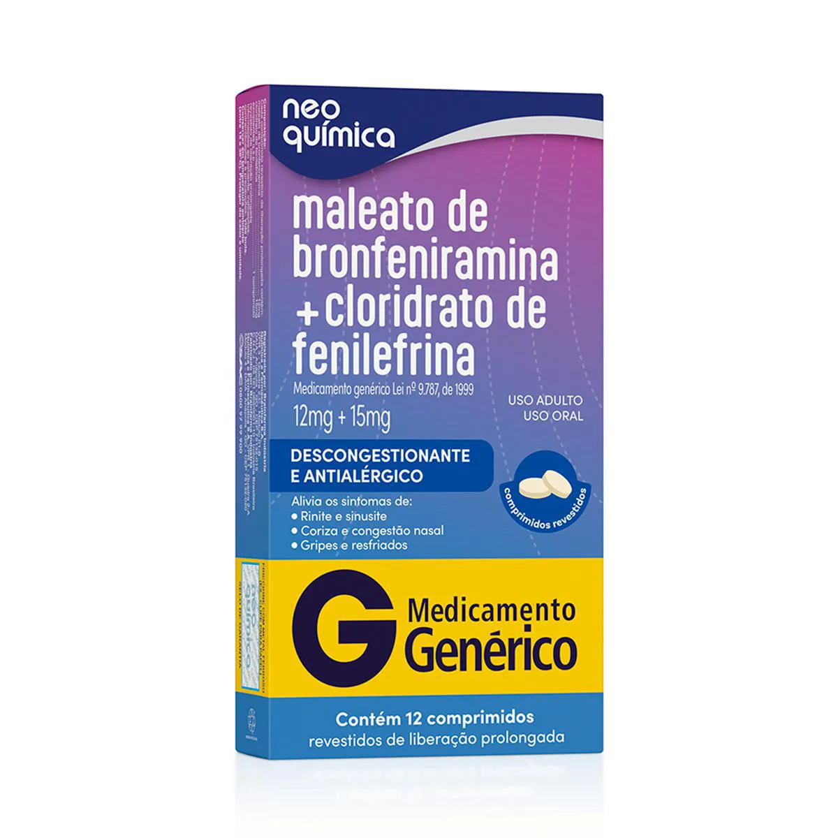 Maleato de Bronfeniramina 12mg + Cloridrato de Fenilefrina 15mg 12 Comprimidos Neo Química Genérico