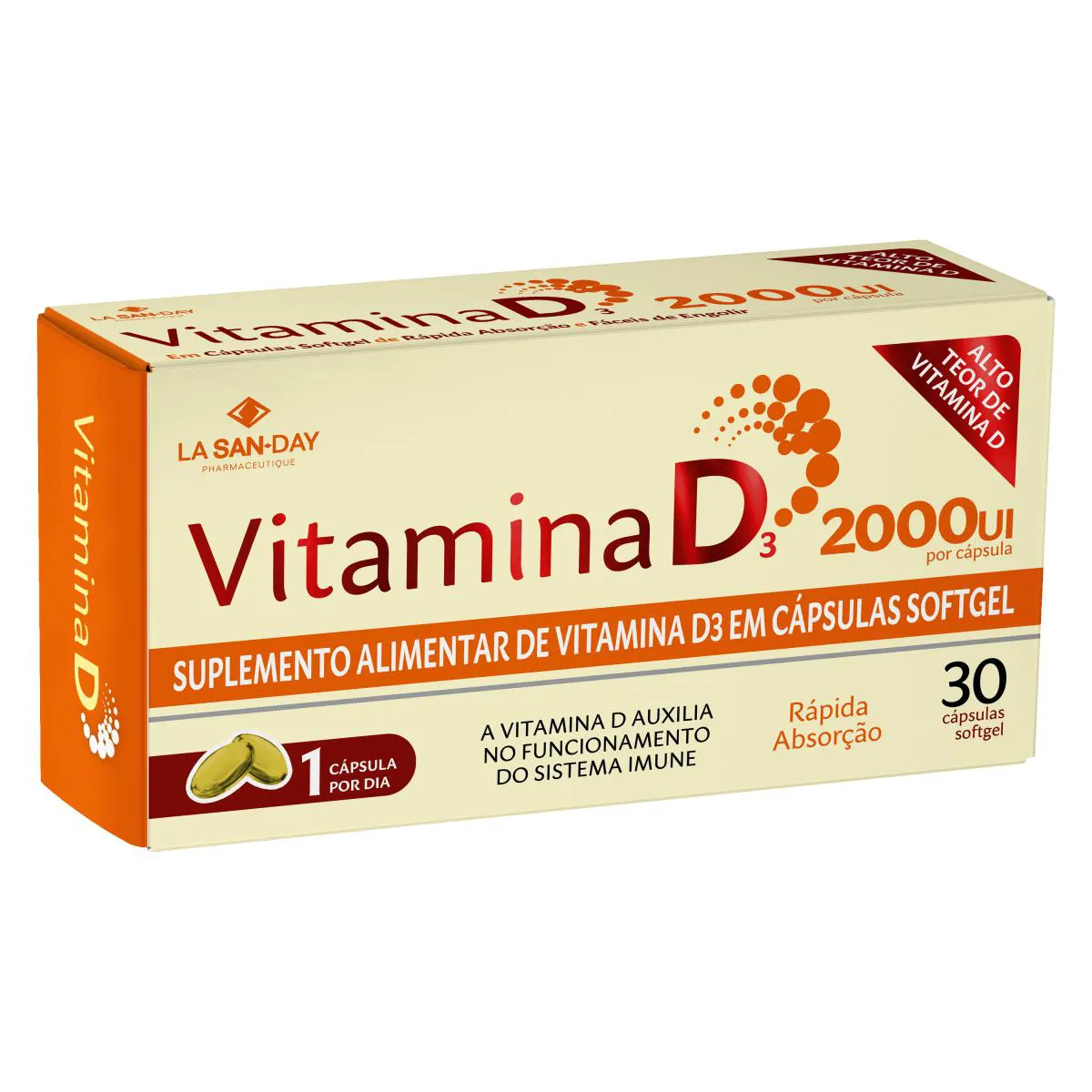 SUPLEMENTO ALIMENTAR VITAMINA D3 2.000UI - 30 CáPSULAS - LA SAN DAY