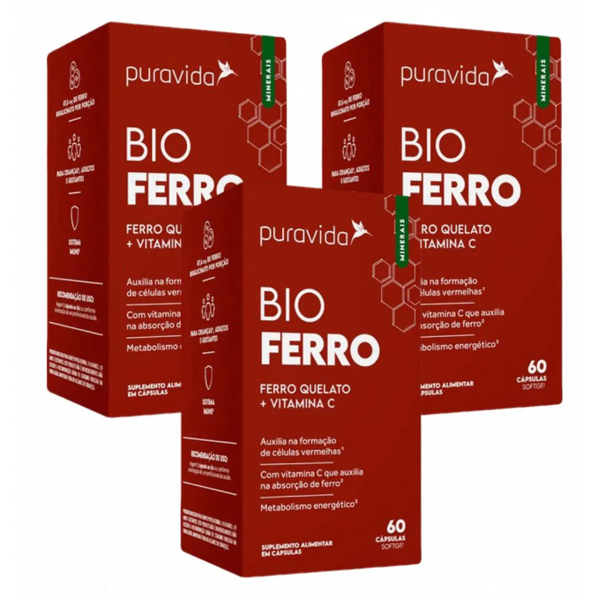 3X BIO FERRO QUELATO + VITAMINA C- 60 CAPS.- PURAVIDA