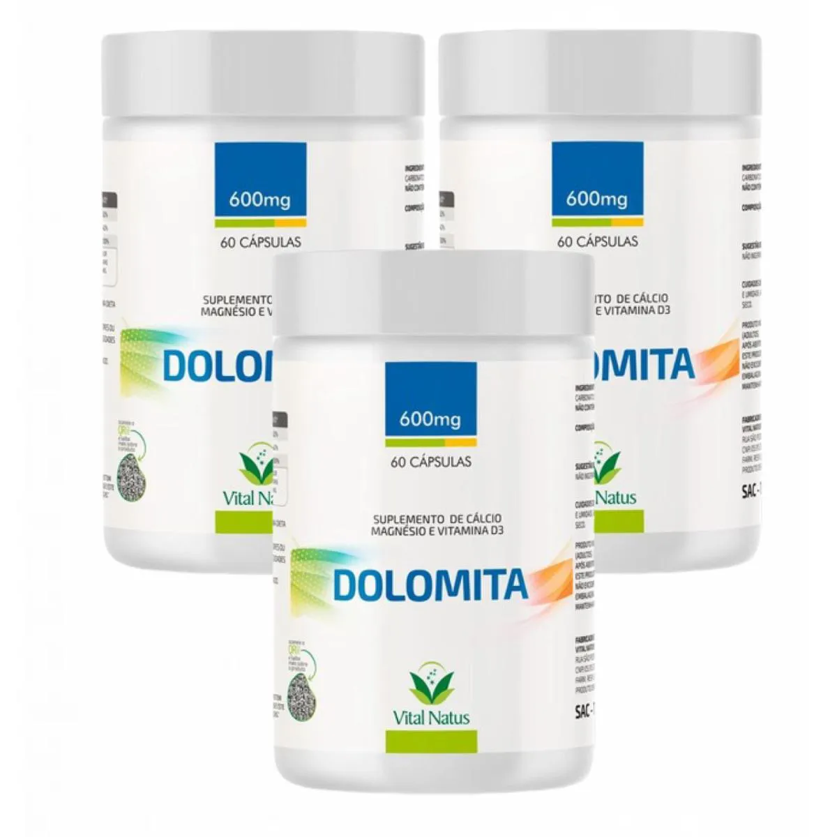 3X DOLOMITA- CáLCIO- MAGNéSIO- VIT. D3- 60 CáPS- VITAL NATUS