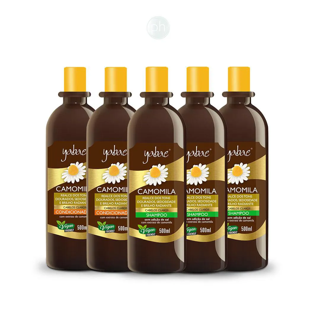 SHAMPOO E CONDICIONADOR CAMOMILA - 3 SHAMPOOS 500ML E 2 CONDICIONADORES 500ML - YABAE - VEGANO