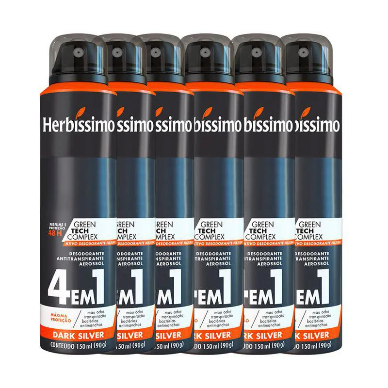 Kit Desodorante Antitranspirante Aerosol Herbíssimo Dark Silver 48h 150ml 6 unidades