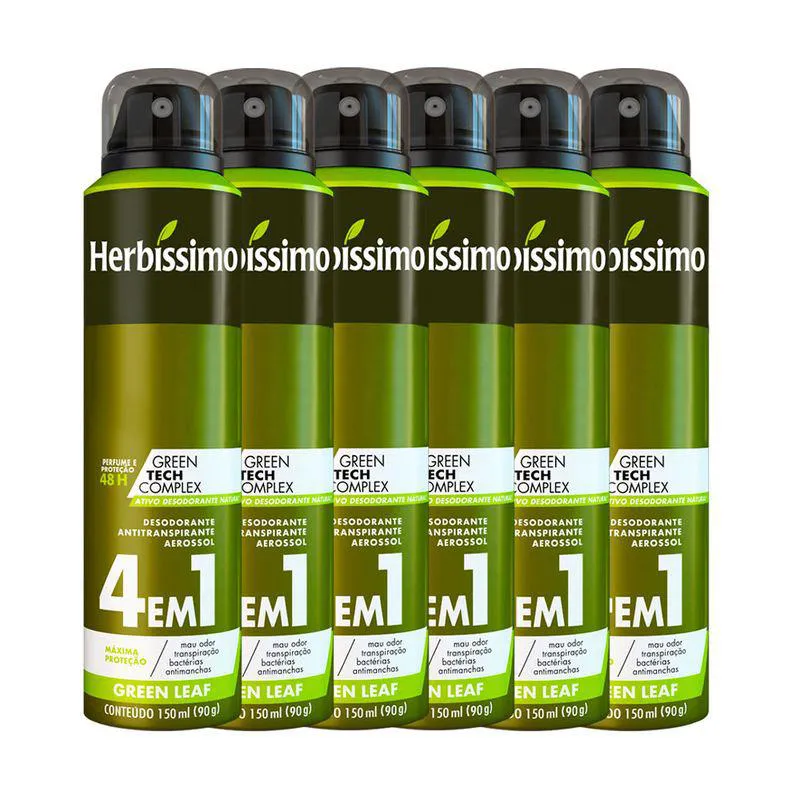 Kit Desodorante Antritanspirante Aerosol Herbíssimo Green Leaf 48h 150ml 6 unidades