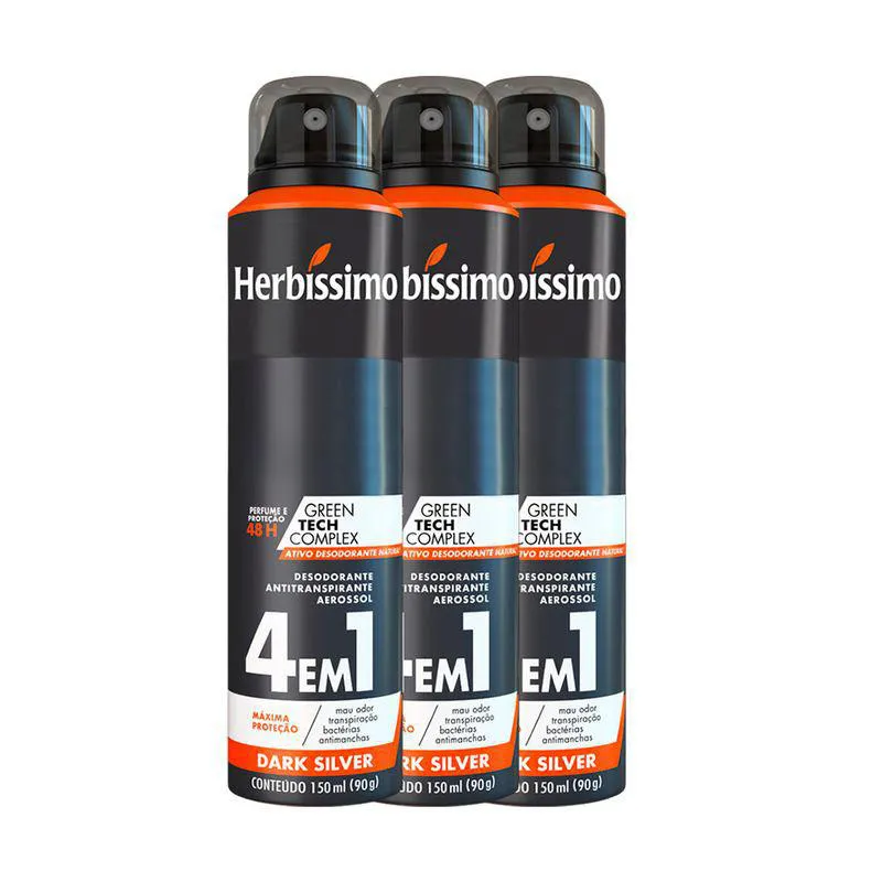 Kit Desodorante Antritanspirante Aerosol Herbíssimo Dark Silver 48h 150ml 3 unidades
