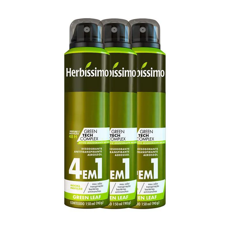 Kit Desodorante Antritanspirante Aerosol Herbíssimo Green Leaf 48h 150ml 3 unidades