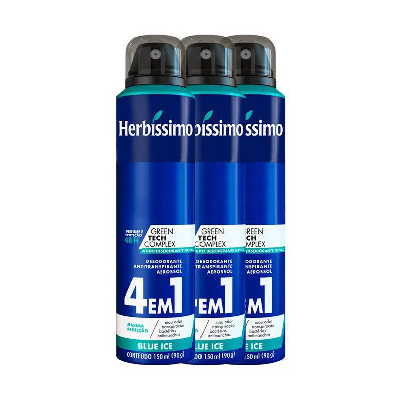 Kit Desodorante Antritanspirante Aerosol Herbíssimo Blue Ice 48h 150ml 3 unidades