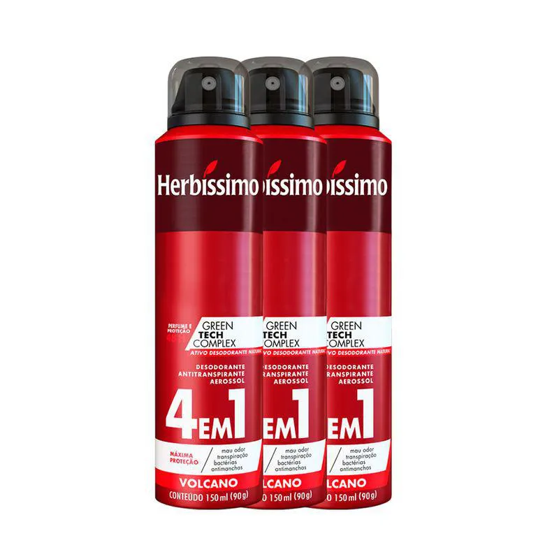Kit Desodorante Antitranspirante Aerosol Herbíssimo Volcano 48h 150ml 3 unidades