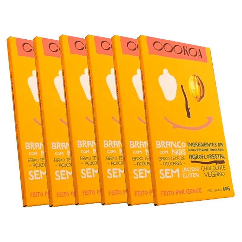 KIT 6X: CHOCOLATE BRANCO COM NIBS VEGANO COOKOA 80G