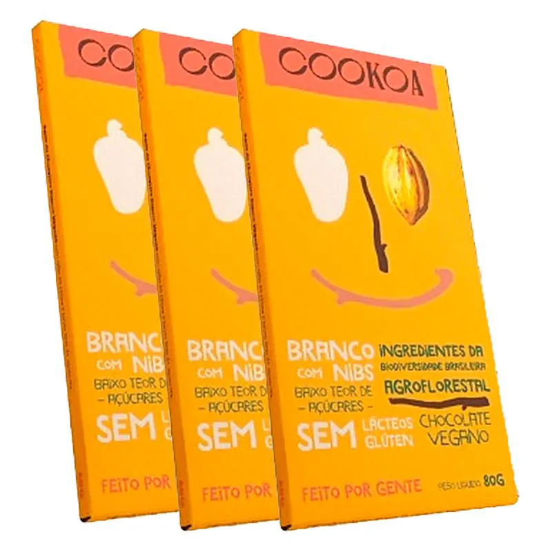 KIT 3X: CHOCOLATE BRANCO COM NIBS VEGANO COOKOA 80G
