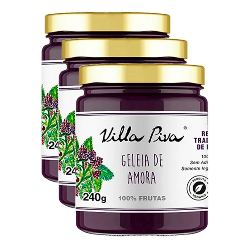 KIT 3X: GELEIA DE AMORA 100% FRUTAS SEM ADIçãO DE AçúCAR VILLA PIVA 240G
