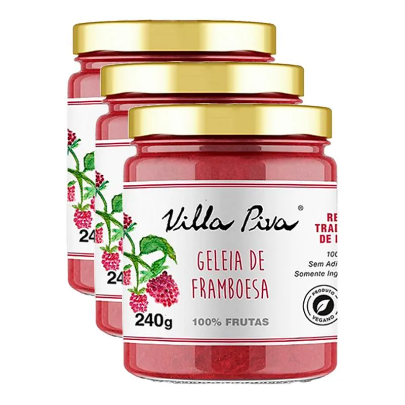 KIT 3X: GELEIA DE FRAMBOESA 100% FRUTAS SEM ADIçãO DE AçúCAR VILLA PIVA 240G