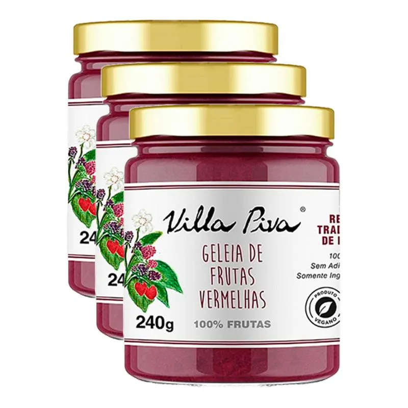 KIT 3X: GELEIA DE FRUTAS VERMELHAS 100% FRUTAS SEM ADIçãO DE AçúCAR VILLA PIVA 240G