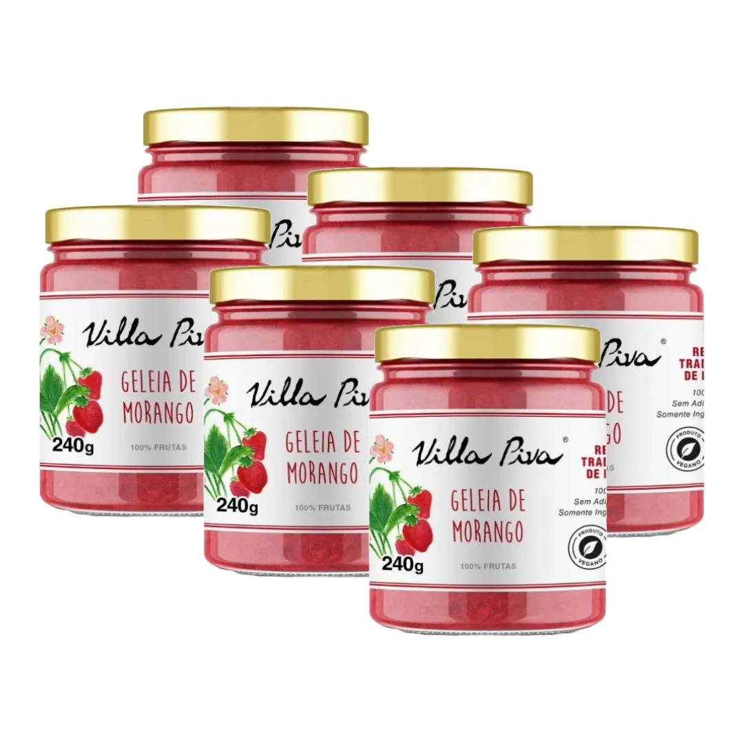 KIT 6X: GELEIA DE MORANGO 100% FRUTAS SEM ADIçãO DE AçúCAR VILLA PIVA 240G