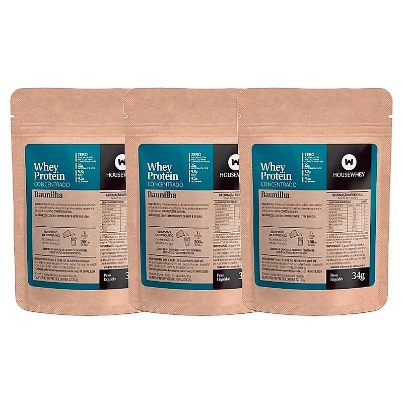 KIT 3X: WHEY PROTEIN CONCENTRADO BAUNILHA SACHê HOUSEWHEY 34G