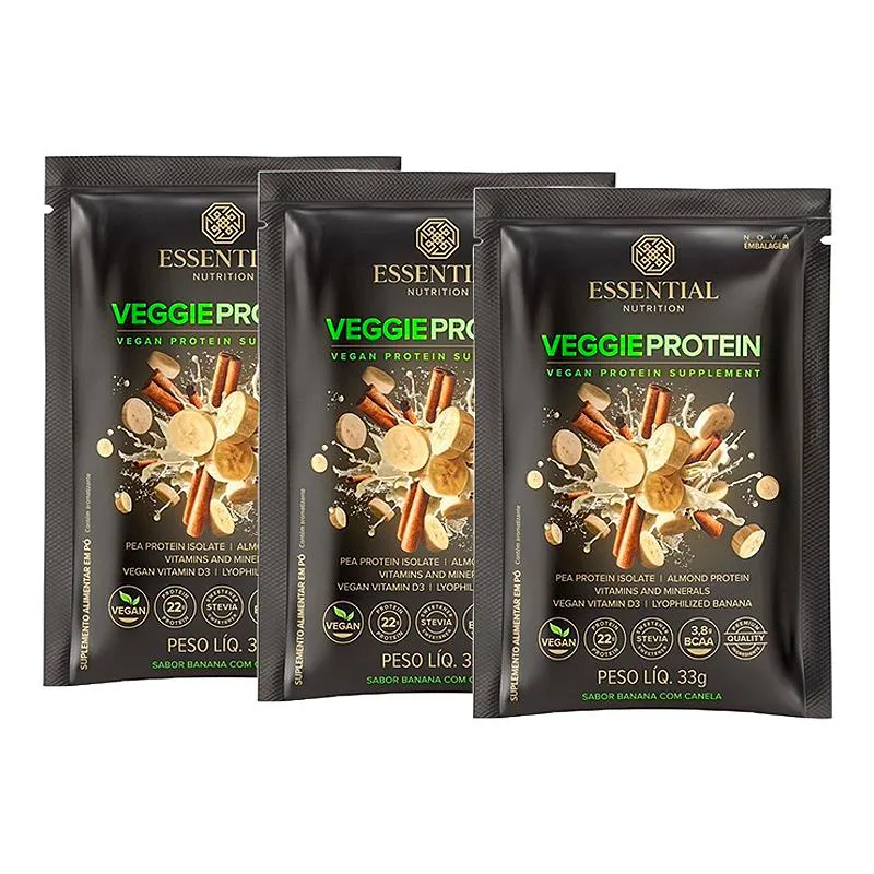KIT 3X: VEGGIE PROTEIN BANANA COM CANELA SACHê ESSENTIAL NUTRITION 33G