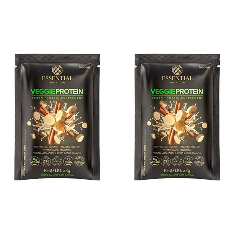 KIT 2X: VEGGIE PROTEIN BANANA COM CANELA SACHê ESSENTIAL NUTRITION 33G