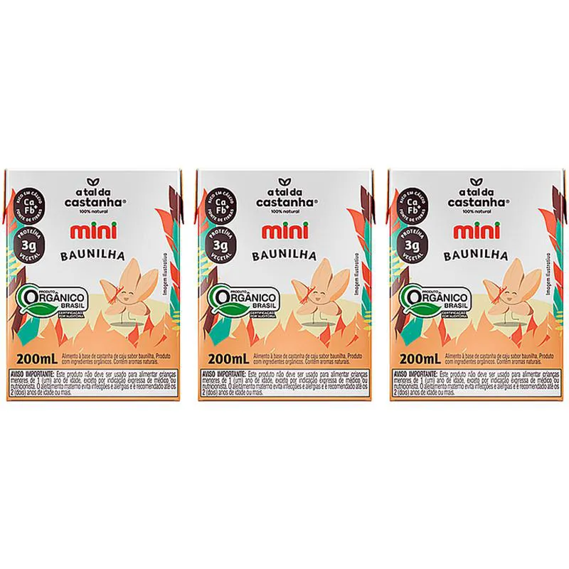 KIT 3X: LEITE VEGETAL MINI BAUNILHA ORGâNICO A TAL DA CASTANHA 200ML