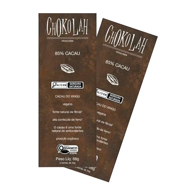 KIT 2X: CHOCOLATE 85% CACAU COM AçúCAR DEMERARA ORGâNICO CHOKOLAH 68G