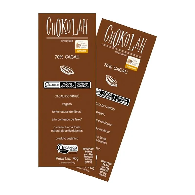 KIT 2X: CHOCOLATE 70% CACAU COM AçúCAR DEMERARA ORGâNICO CHOKOLAH 70G