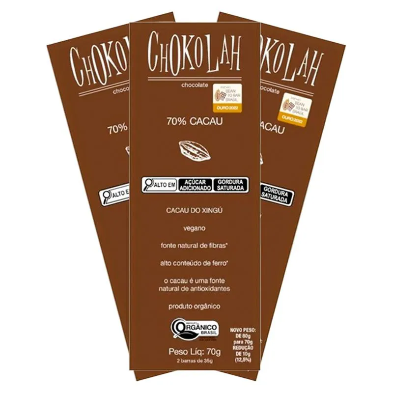 KIT 3X: CHOCOLATE 70% CACAU COM AçúCAR DEMERARA ORGâNICO CHOKOLAH 70G