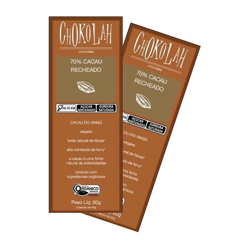 KIT 2X: CHOCOLATE 70% CACAU RECHEADO ORGâNICO CHOKOLAH 80G