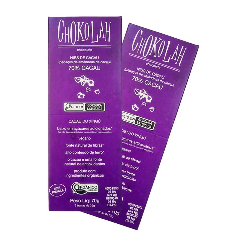 KIT 2X: CHOCOLATE 70% CACAU COM NIBS BAIXO EM AçúCARES ORGâNICO CHOKOLAH 70G