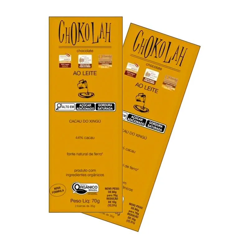 KIT 2X: CHOCOLATE AO LEITE 44% CACAU COM AçúCAR DEMERARA ORGâNICO CHOKOLAH 70G