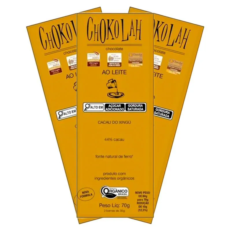 KIT 3X: CHOCOLATE AO LEITE 44% CACAU COM AçúCAR DEMERARA ORGâNICO CHOKOLAH 70G