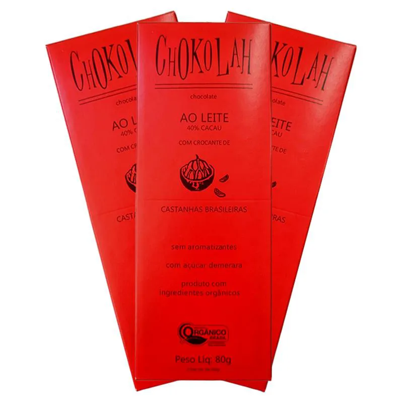 KIT 3X: CHOCOLATE AO LEITE 40% CACAU COM CASTANHAS ORGâNICO CHOKOLAH 80G