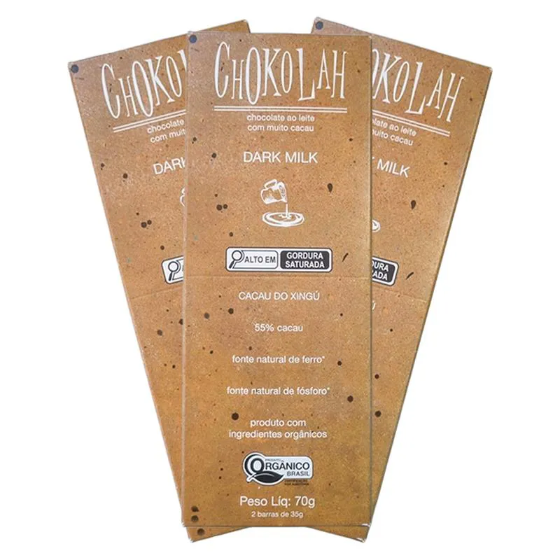 KIT 3X: CHOCOLATE DARK MILK 55% CACAU COM AçúCAR DEMERARA ORGâNICO CHOKOLAH 70G