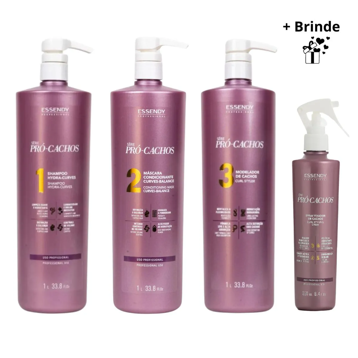 KIT ESSENDY PRÓ CACHOS SHAMPOO+MÁSCARA+MODELADOR+SPRAY