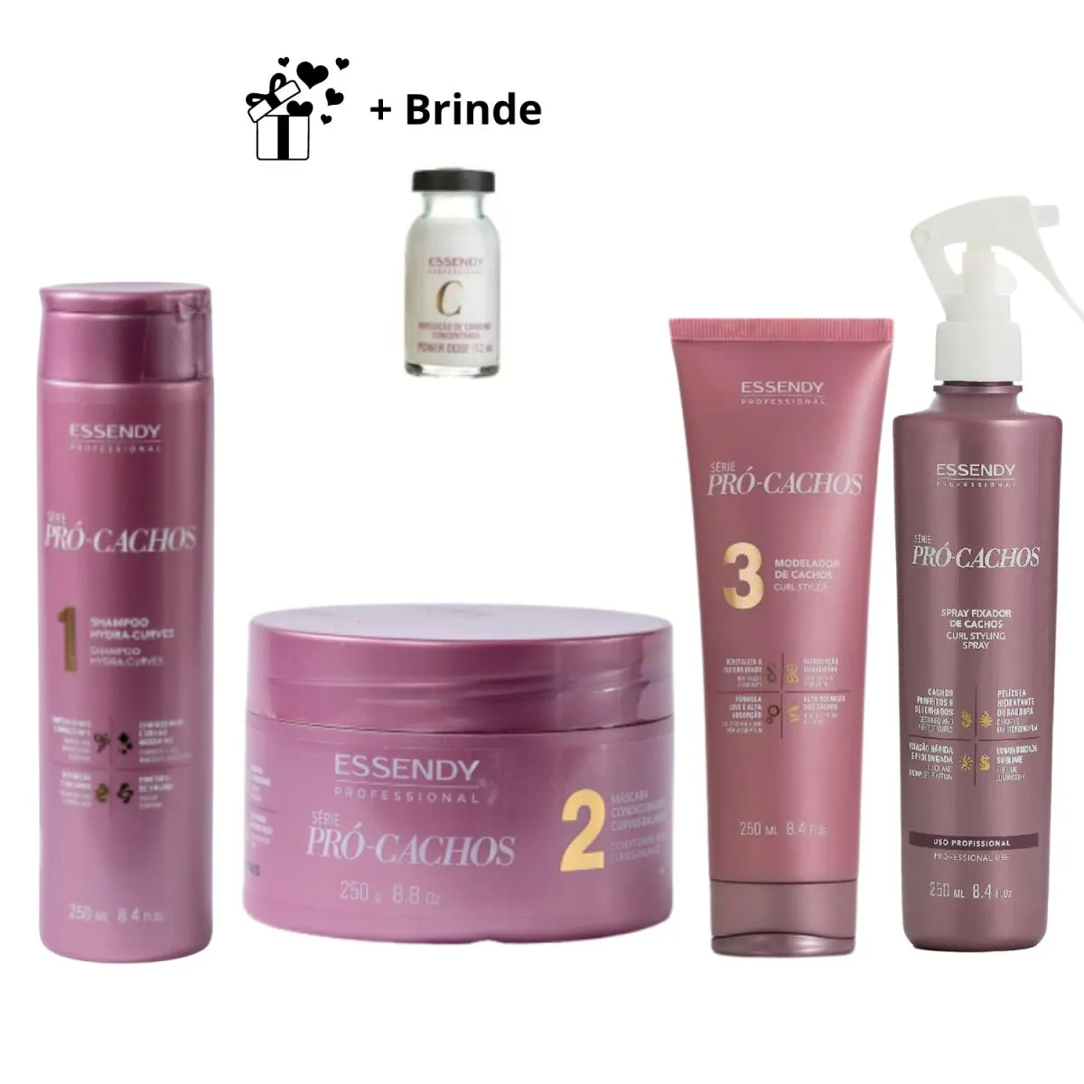 KIT ESSENDY PRÓ CACHOS SHAMPOO+MÁSCARA+MODELADOR+SPRAY