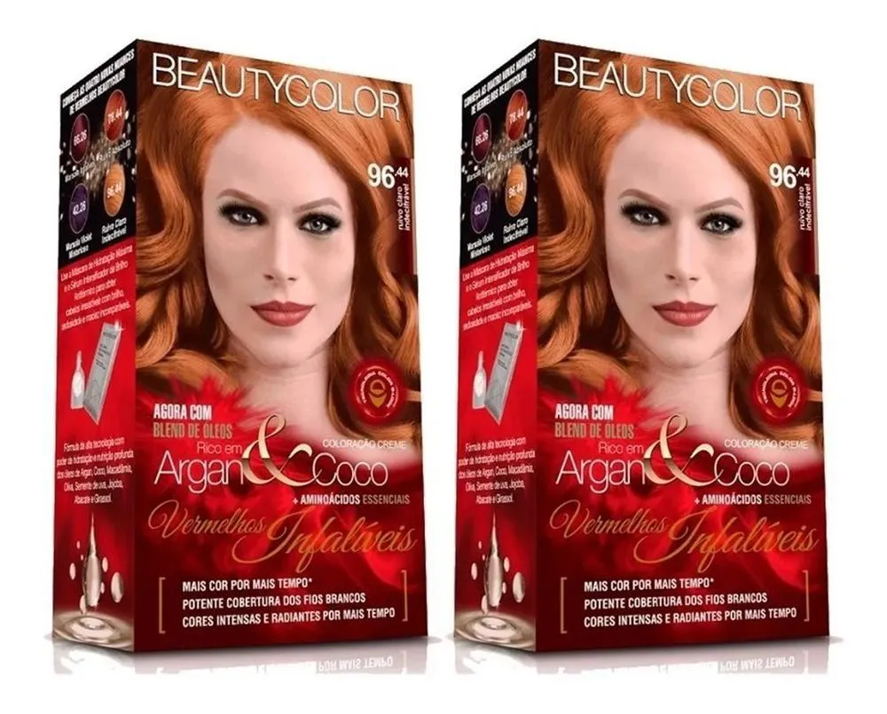 KIT 2UN COLORAçãO 96.44 RUIVO CLARO BEAUTY COLOR CABELO