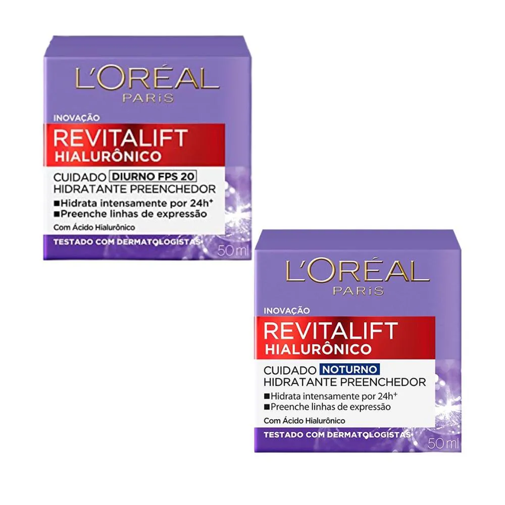 KIT HIDRATANTE FACIAL ANTISSINAIS REVITALIFT HIALURôNICO LOREAL PARIS NOTURNO + DIURNO 20 FPS