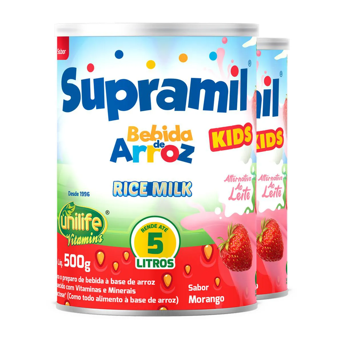 KIT 2 SUPRAMIL BEBIDA DE ARROZ KIDS MORANGO UNILIFE 500G