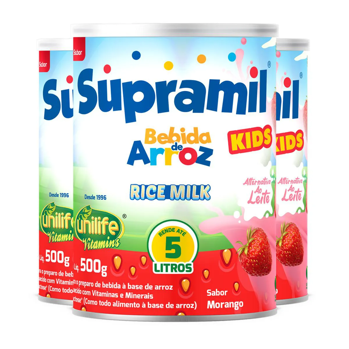 KIT 3 SUPRAMIL BEBIDA DE ARROZ KIDS MORANGO UNILIFE 500G