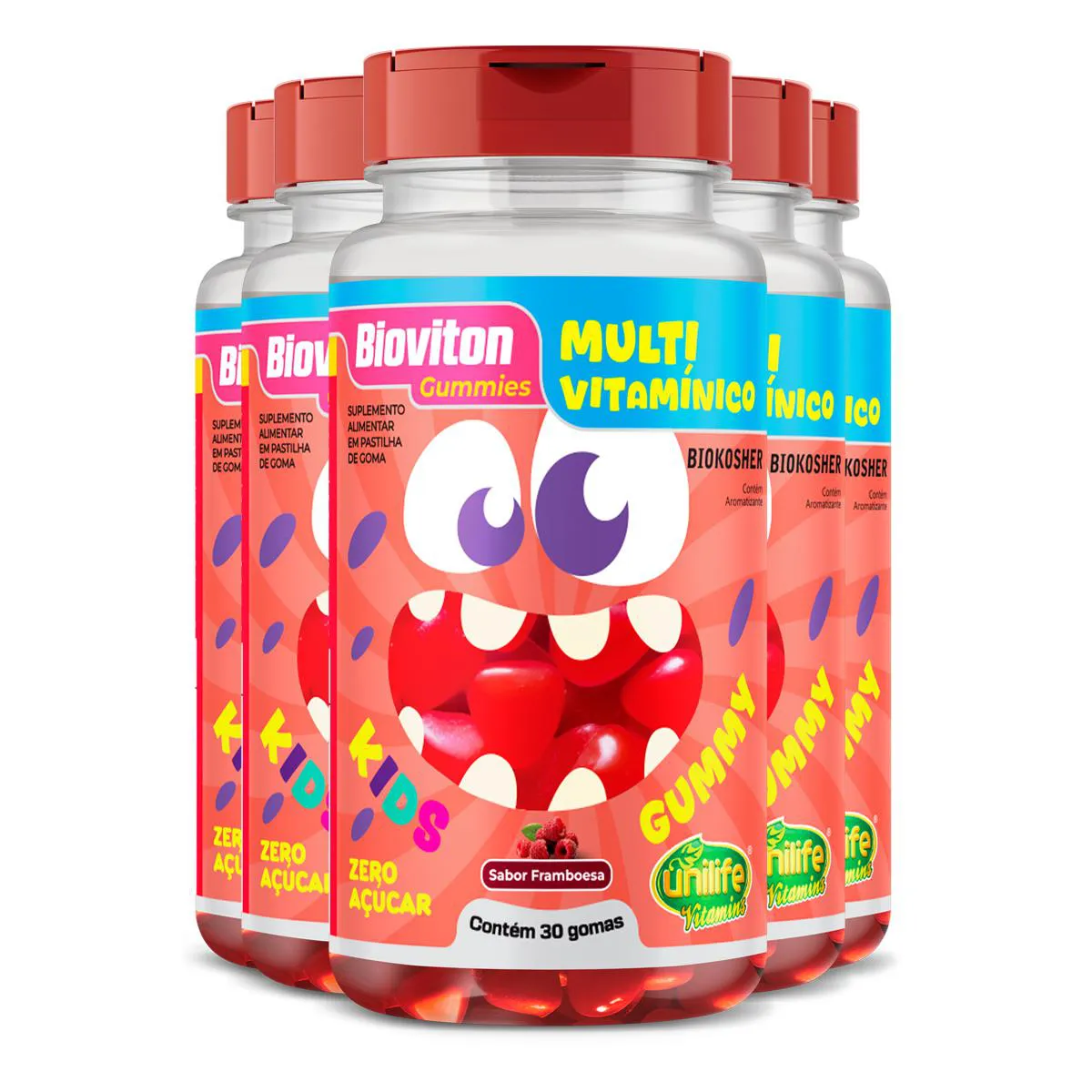 KIT 5 GUMMY KIDS MULTIVITAMíNICO UNILIFE 30 GOMAS FRAMBOESA
