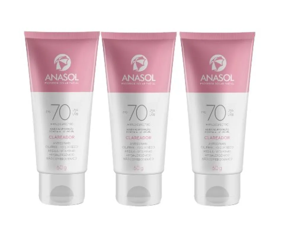 KIT 3X PROTETOR SOLAR FACIAL CLAREADOR FPS70 C/60G - ANASOL