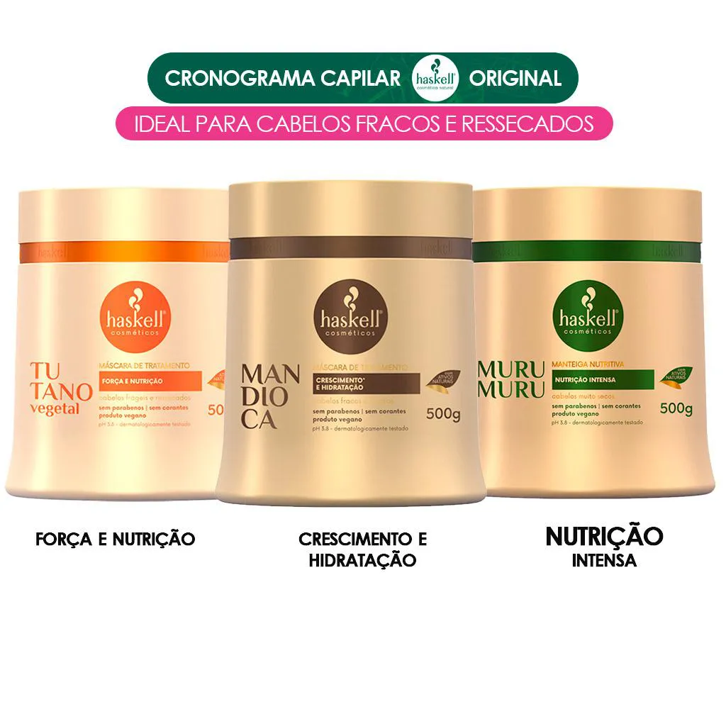 MáSCARAS HASKELL CRONOGRAMA CAPILAR CABELOS COM QUíMICA 500G (TUT/MAND/MURU)