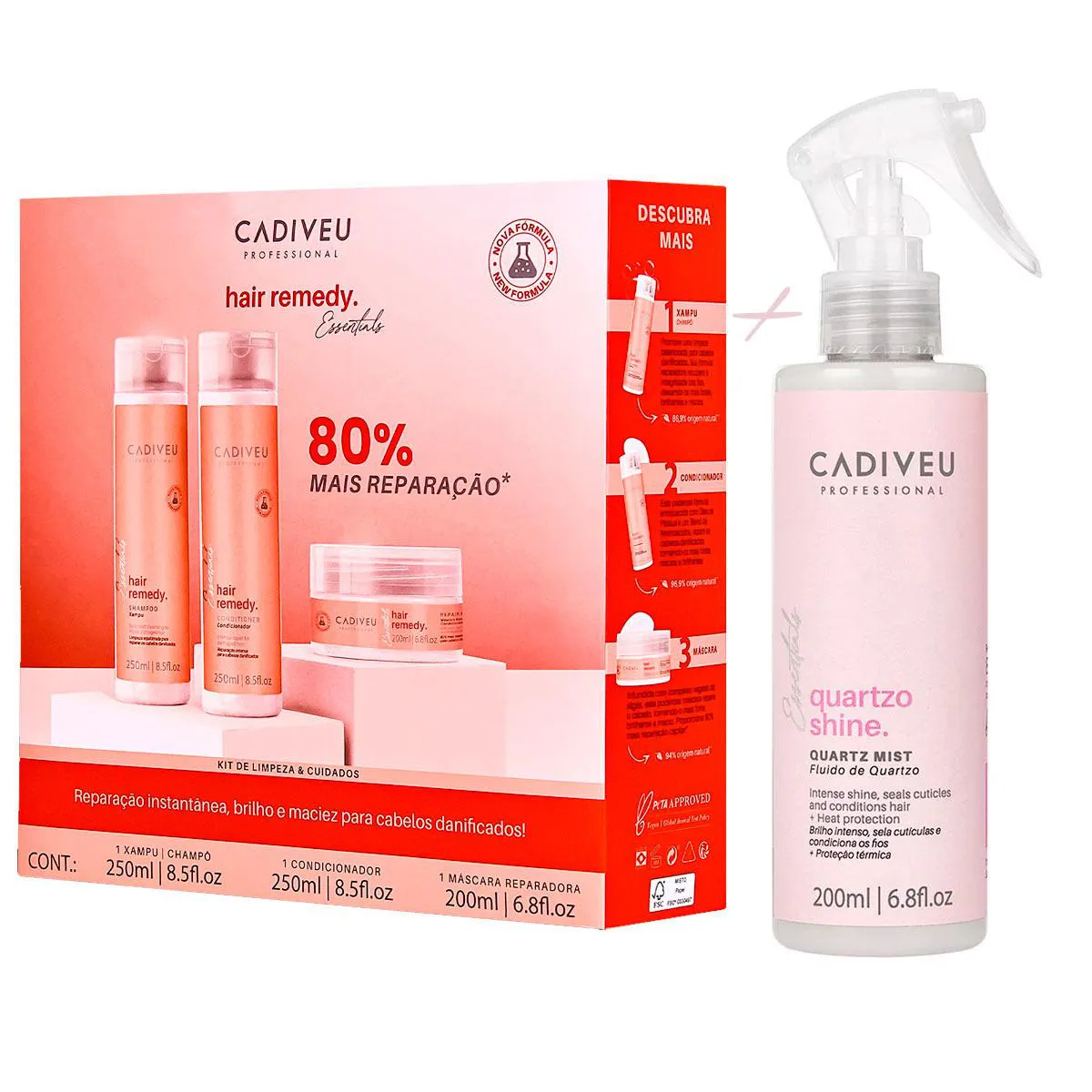 KIT CADIVEU HAIR REMEDY REPARAçãO + LEAVE QUARTZO SHINE MIST